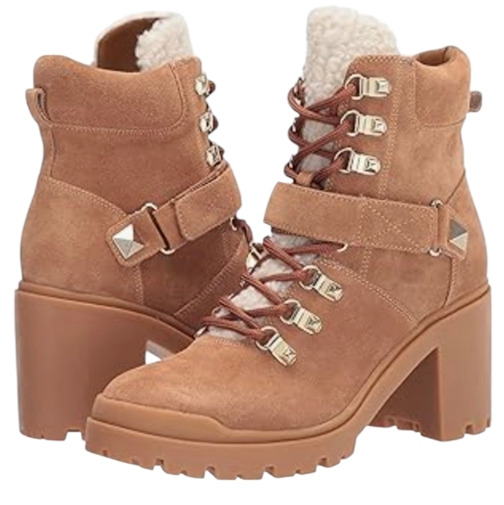 Marc Fisher Nature Ankle Boot Lug Sole Cognac Suede Bootie 9.5 Stud Faux Fur
